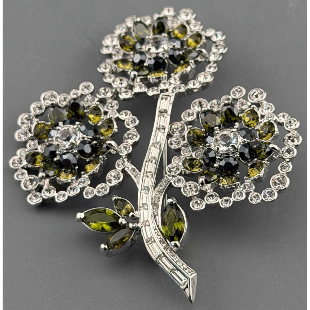 Vintage Nolan Miller Brooch Floral Bouquet Clover Rhinestone Olive Green  MINT